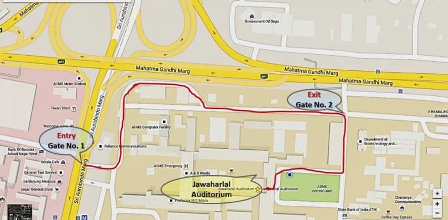 Campus map showing JLN Auditorium and key buildings at AIIMS New Delhi
